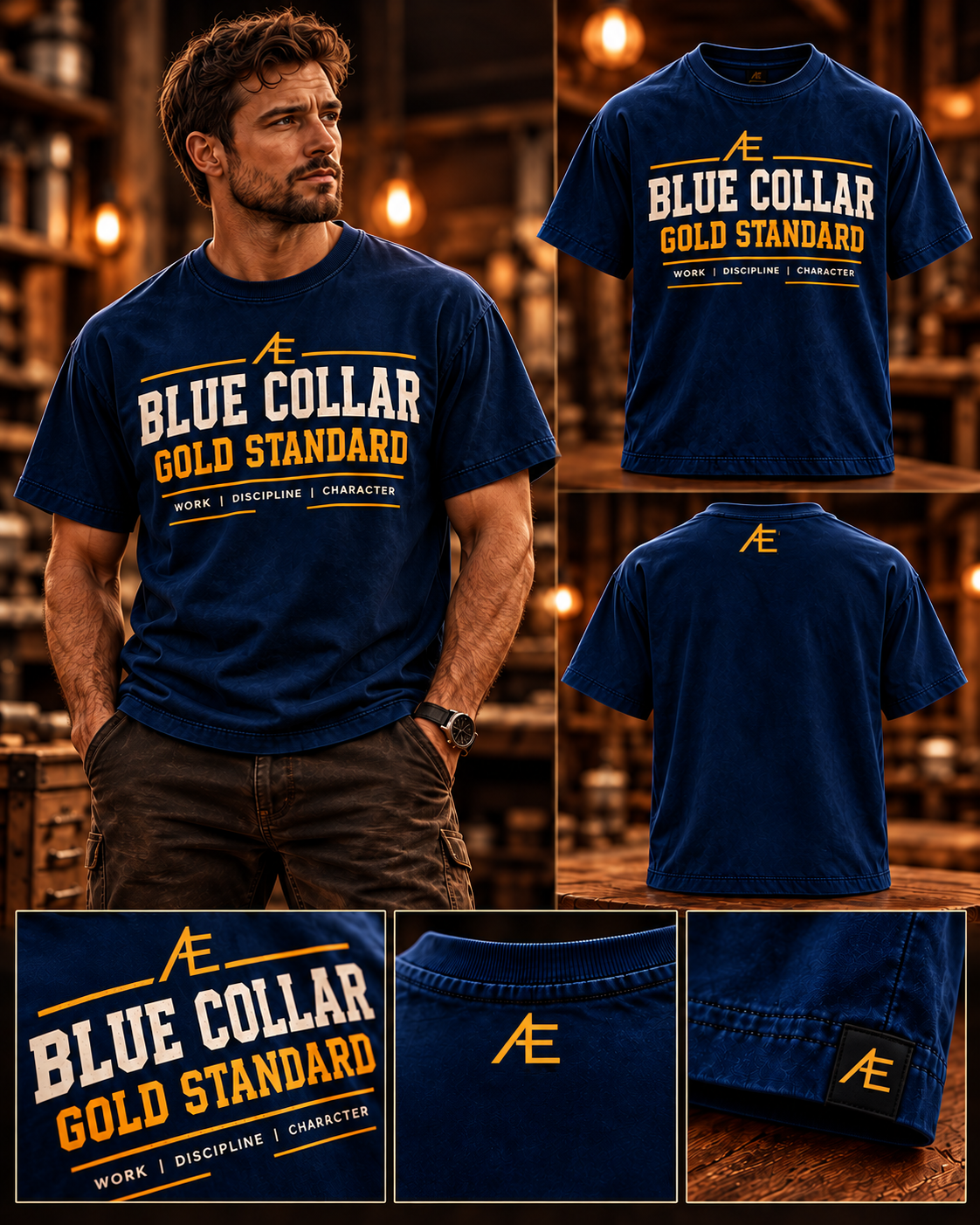 Blue Collar Gold Standard navy tee, shown on a model with front, back, and detail views